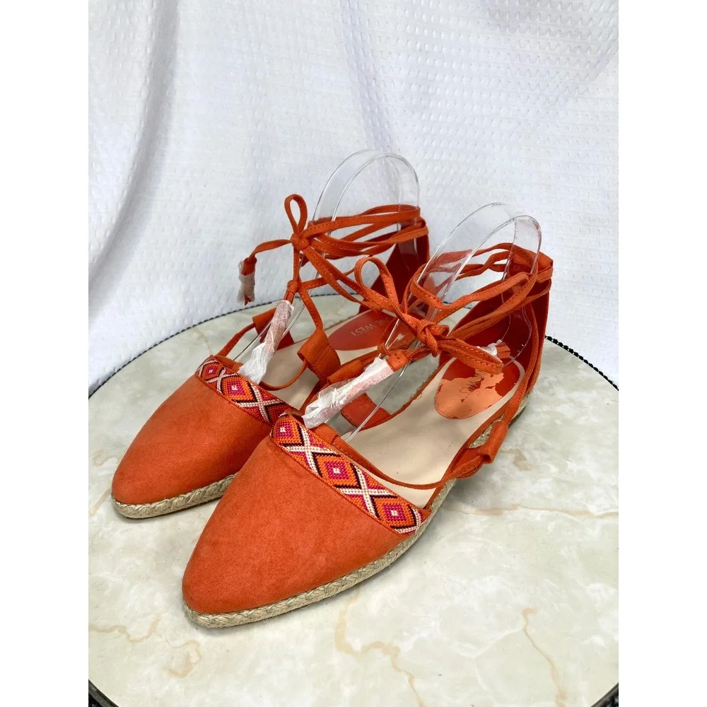 Nine West Ultrao Lace Up Espadrille Flats Womens 6.5 Orange Geometric Boho NWT